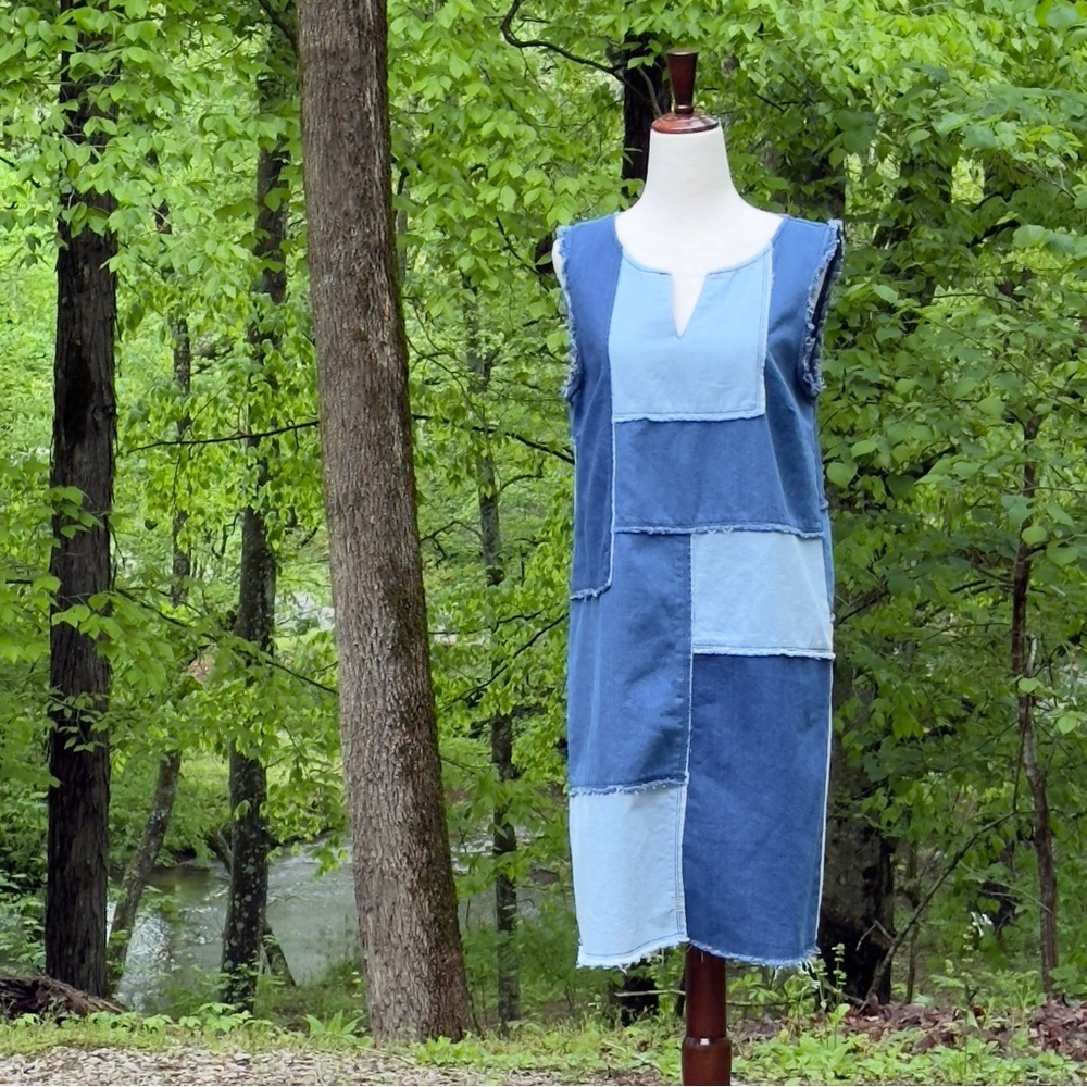 Nanette Lepore Sleeveless Denim Raw Hem Patchwork Shift Dress